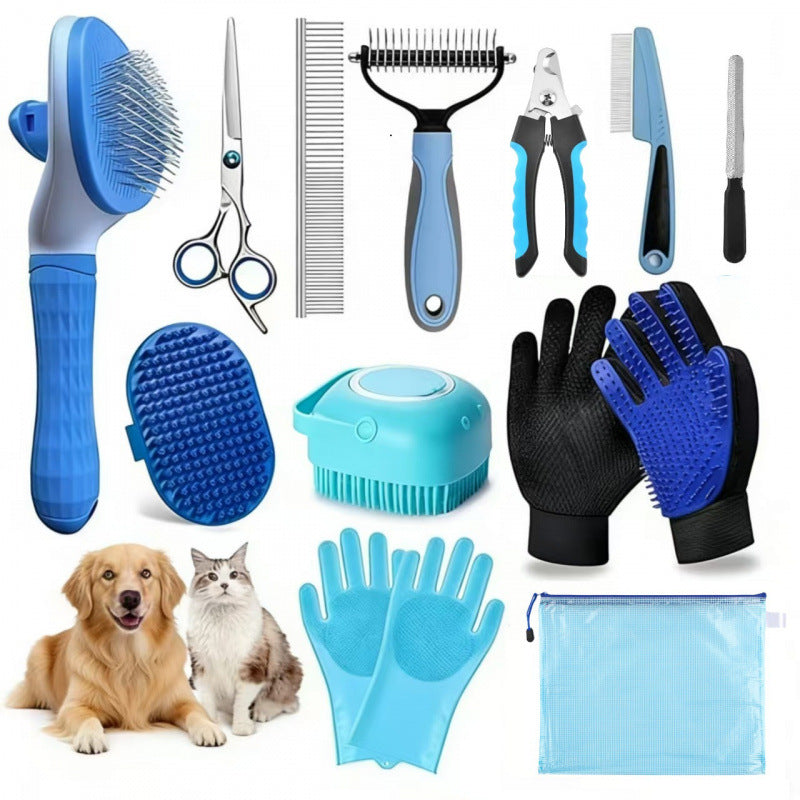 Blue cat grooming kit with storage bag
