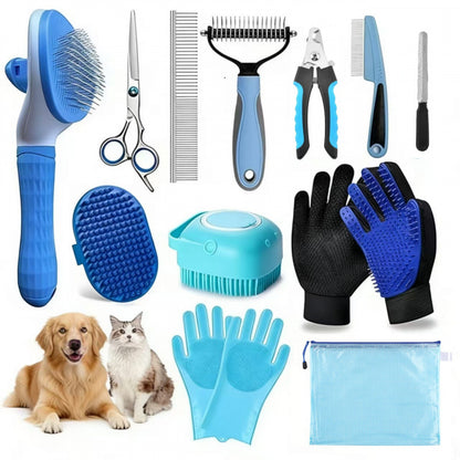Blue cat grooming kit with storage bag