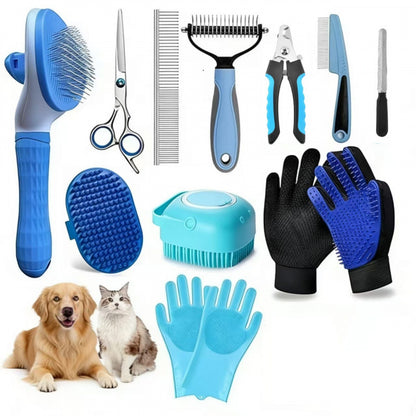 Blue cat grooming kit in plastic bag