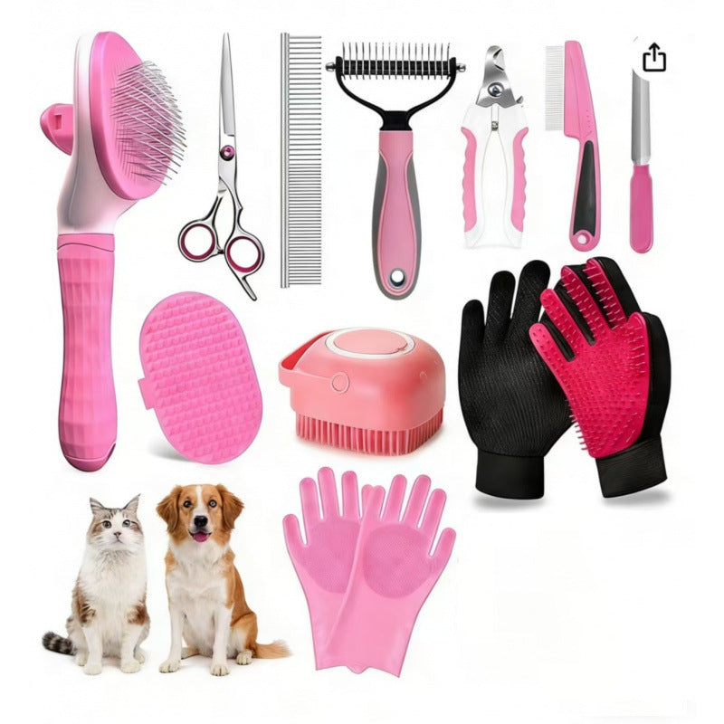 Pink cat grooming kit in plastic bag