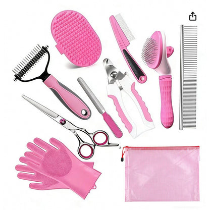 Pink cat grooming kit with storage bag